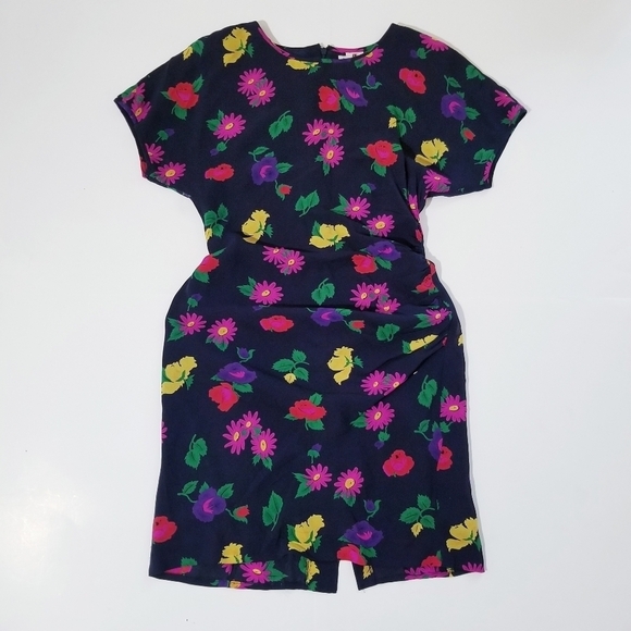 UNGARO Ter Vintage 80s Navy & Multi Silk Floral Print Dress - Picture 3 of 13